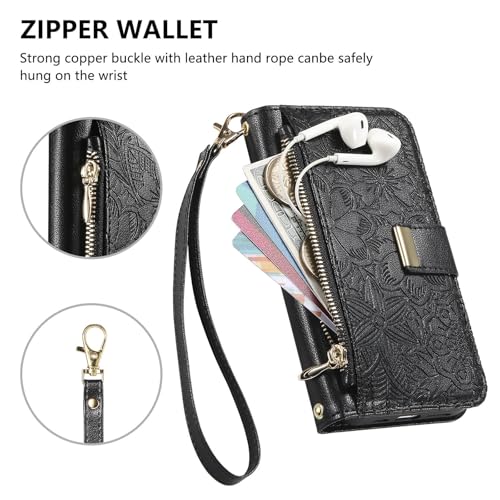 for iPhone 17 Phone Case Wallet, Black | Built-in Card Holder (8-10 Cards), Zipper Pocket, Wrist Strap, Stand Kickstand, Flower PU Leather Protective Phone Case Women - color: Black, size: iPhone 17