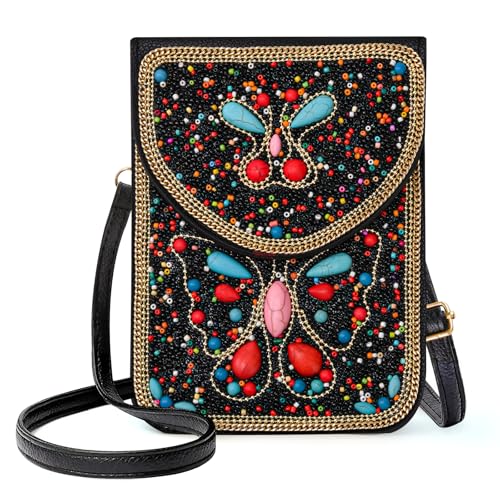 Small Beaded Crossbody Bag for Women, Boho Cell Phone Shoulder Purse Wallet with Handcrafted Colorful Beads - color: Tree-3