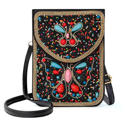 Small Beaded Crossbody Bag for Women, Boho Cell Phone Shoulder Purse Wallet with Handcrafted Colorful Beads - color: Tree-3