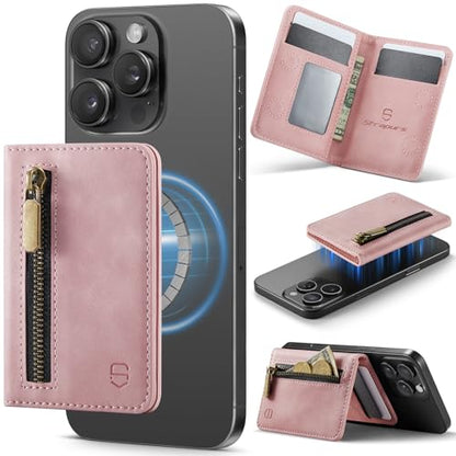 Strapurs Magnetic Card Holder Compatible with MagSafe Phones and Cases, PU Leather Slim Phone Wallet for iPhone 17/16/15/14/13/12/Pro/Max/Plus/Air, 4 Card Slots RFID Blocking with Zipper Pocket - Pink - color: Pink