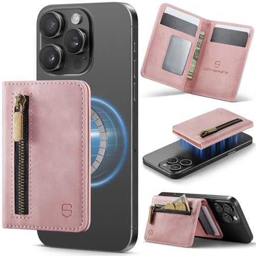Strapurs Magnetic Card Holder Compatible with MagSafe Phones and Cases, PU Leather Slim Phone Wallet for iPhone 17/16/15/14/13/12/Pro/Max/Plus/Air, 4 Card Slots RFID Blocking with Zipper Pocket - Pink - color: Pink