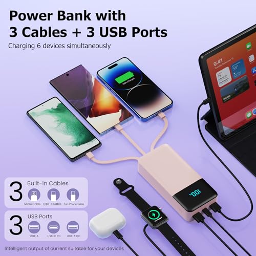 Portable Charger Power Bank 50800mAh,25W USB C Fast Charging Battery Pack with 3 Built in Cables & LED Display,6 Outputs 2 Inputs Travel Essentials Phone Charger for iPhone 18/17/16/15,Android,Pink - color: Pink