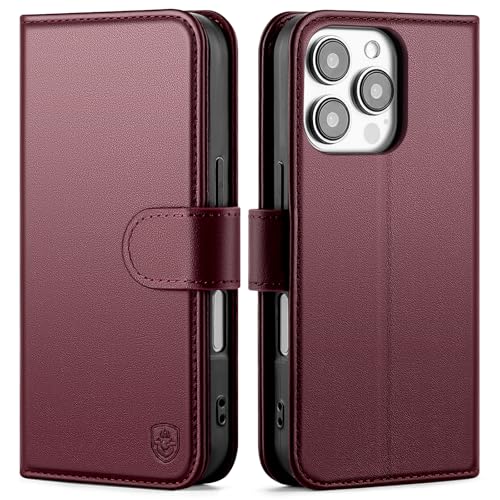 Compatible with iPhone 16 Pro Genuine Leather Case Wallet with Card Holder,Women Men Real Leather Flip Folio RFID Blocking Credit Card Slots Stand Phone Cover,for Apple 16Pro 6.3",Wine Red - color: Wine Red, size: iPhone 16 Pro - 6.3"
