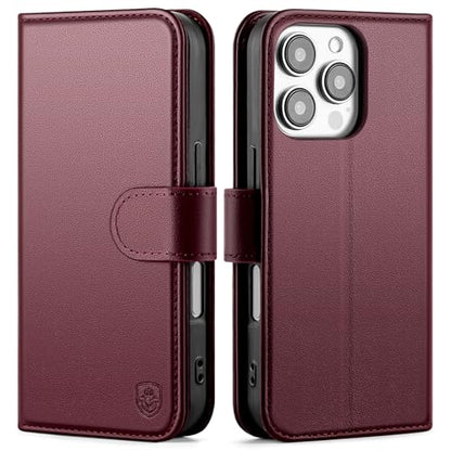 Compatible with iPhone 16 Pro Genuine Leather Case Wallet with Card Holder,Women Men Real Leather Flip Folio RFID Blocking Credit Card Slots Stand Phone Cover,for Apple 16Pro 6.3",Wine Red - color: Wine Red, size: iPhone 16 Pro - 6.3"