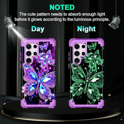 Miqala Compatible with Galaxy S23 Ultra 5G Case,Glow in The Dark Three Layer Heavy Duty Shockproof Protection Hard Plastic Bumper+Soft Silicone Case for Samsung Galaxy S23 Ultra,Dark - color: Dark Butterfly, size: Samsung Galaxy S23 Ultra,6.8 inch