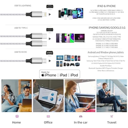 4 in 1 Multi Charging Cable 4ft 2 Pack,Braided MFi Certified Charger Cable - color: Silver White-4ft-2Pack