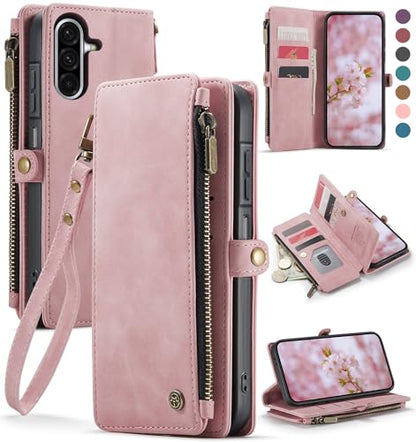 Defencase for Samsung Galaxy A36 5G Wallet Case with Card Holder, Rose Pink | RFID Blocking, Zipper Pocket, Durable PU Leather, Wrist Strap, Fashion Snap Flip Phone Cases Cover with Stand for Women Men - color: Airy Rose Pink