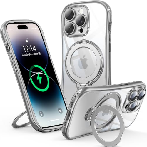 Reukdnv 360° Spin Magnetic Stand for iPhone 14 Pro Max Case [Full Camera Protection] [Fit for MagSafe] [Anti-Yellowing] Shockproof Protective Kickstand Plating TPU Cover for 14 Pro Max 6.7", Silver - color: Silver, size: iPhone 14 Pro Max