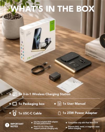 3 in 1 Foldable Wireless Fast Charging Station for Google Pixel Watch 5/4 - color: Night Black