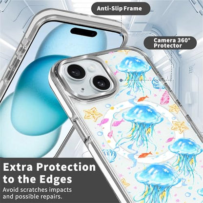 VisEnt Clear Case for iPhone 15, Magnetic Phone Case, Transparent Slim Cover, Military Grade Protection, Shockproof, Anti-Yellowing, Scratch Resistant, Blue Jellyfish Ocean - color: Blue Jellyfish Ocean, size: Iphone 15