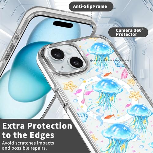 VisEnt Clear Case for iPhone 15, Magnetic Phone Case, Transparent Slim Cover, Military Grade Protection, Shockproof, Anti-Yellowing, Scratch Resistant, Blue Jellyfish Ocean - color: Blue Jellyfish Ocean, size: Iphone 15