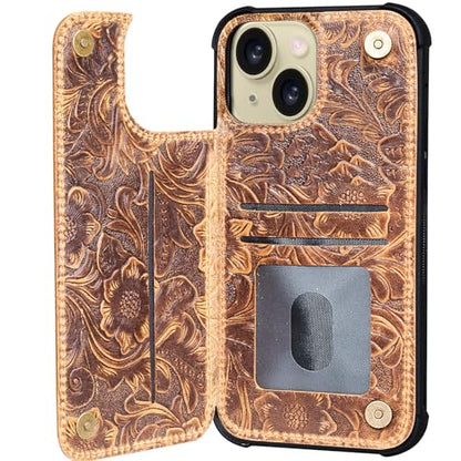 Wallet Real Leather Case Compatible with iPhone 15 6.1" Brown | Genuine Leather,Shockproof,Anti-Fall Case,Flip Cover,with Card Slot,Double Magnetic Buckle,Kickstand,RFID Blocking Brown - color: Brown, size: 6.1"-15