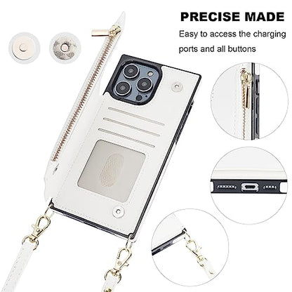 Bocasal Crossbody Wallet Case with Strap for iPhone 13/14, White | RFID Blocking Card Slot Holder, Magnetic Flip Folio Purse Case, PU Leather Zipper Handbag Detachable Lanyard Strap 6.1 Inch - color: White