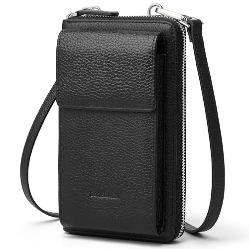 DORIS&JACKY Small Leather Crossbody Purse and Cell Phone Wallet for Women | RFID Blocking Shoulder Bag with Front Phone Pocket, Come with Long Detachable Strap and 12 Credit Card Slots - color: 1-black