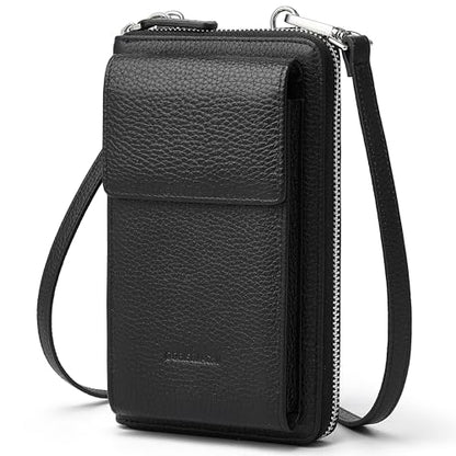 DORIS&JACKY Small Leather Crossbody Purse and Cell Phone Wallet for Women | RFID Blocking Shoulder Bag with Front Phone Pocket, Come with Long Detachable Strap and 12 Credit Card Slots - color: 1-black