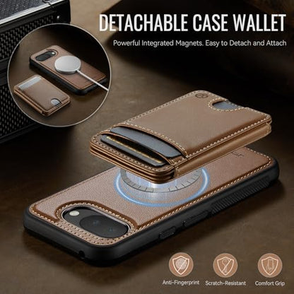 Wallet Case for Google Pixel 10a Compatible with MagSafe for Men Women, 2 in 1 Detachable Magnetic Phone Case with Card Holder Kickstand RFID Blocking for Pixel 10a (Brown) - color: Brown