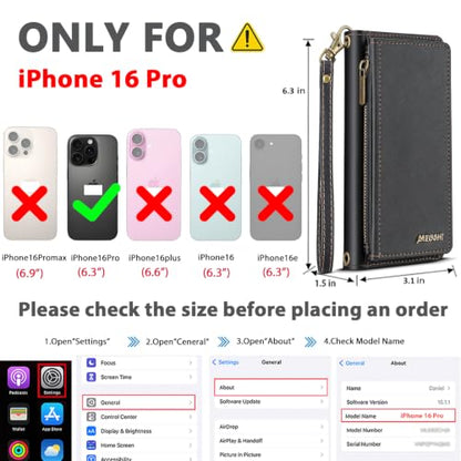 for iPhone 16 Pro Wallet Case, Detachable Magnetic Shockproof Phone Case,Faux Leather Crossbody Wallet,with RFID Blocking，Zipper Card Holder，Shoulder Strap (Black) - color: Black, size: iPhone 16 Pro
