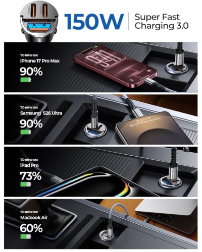 【Upgraded】 150W 3-Port iPhone 18 17 Pro Max Car Charger USB C Fast Charge - color: 3-Port Black
