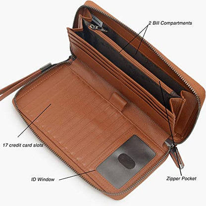 Bveyzi Women RFID Blocking Wallet Leather Zip Around Phone Clutch Large Capacity Ladies Travel Purse Wristlet - color: Brown