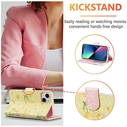 UEEBAI Wallet Case for iPhone 15, PU Leather Phone Cover Kickstand RFID Blocking Flip Case Card Slots Wrist Strap Relief Engraved Pattern Magnetic Closure Flower Folio Wallet, Yellow Daisy - color: Yellow Daisy, size: iPhone 15