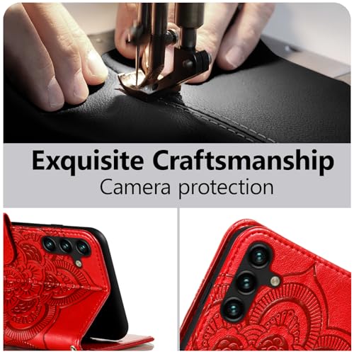 EYZUTAK Case for Samsung Galaxy A17 5G/A26 5G, Premium Leather Magnetic Closure Flip Wallet Phone Case with Card Holder Cash Slots Kickstand Embossed Mandala Flower Shockproof Lanyard Cover - Red - color: Red, size: Samsung Galaxy A17 5G/A26 5G