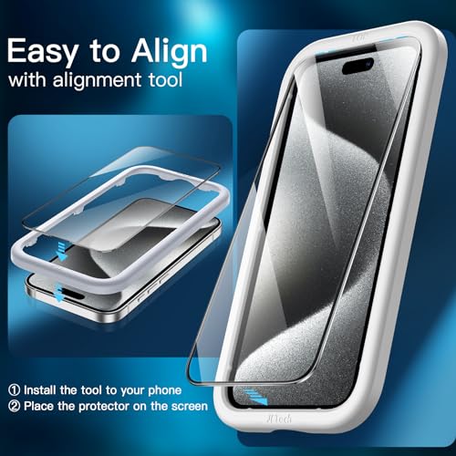 JETech Full-Coverage Screen Protector for iPhone 15 Pro, 3-Pack | Black Edge Tempered Glass, Easy Installation Tool, HD Clear, Case-Friendly - size: iPhone 15 Pro