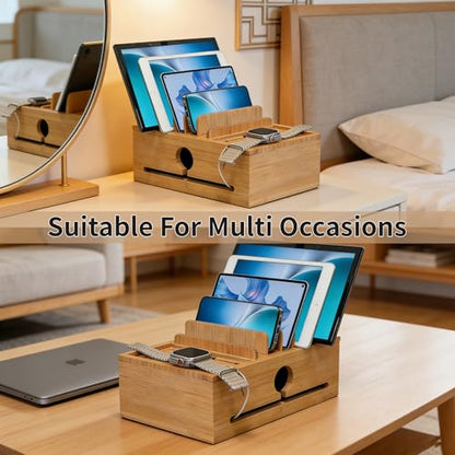 Bamboo Charging Station Organizer for Multiple Devices with 5 Cables