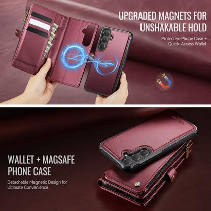 Defencase for Galaxy S25 Case Wallet Compatible with Magsafe 6.2", Wine Red | Magnetic Detachable, with RFID Bolcking Card Holder, Zipper Strap, PU Leather Drop-Proof Phone Cover for Samsung Galaxy S25 - color: (Detachable with Magsafe)-Wine Red