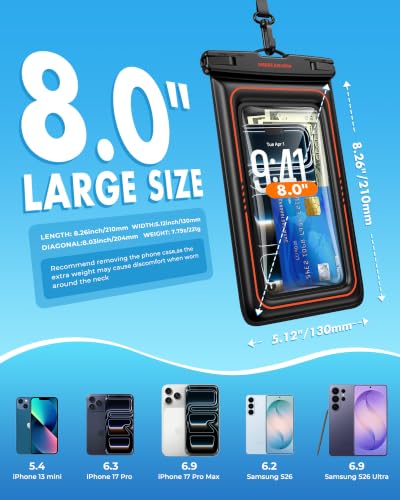 UNBREAKcable Floating Waterproof Phone Pouch 2 Pack, IPX8 Waterproof Phone Case Dry Bag Kayak/Beach/Cruise Travel Essentials, Water Proof Pouch for iPhone 17 16 15 Pro Max, Samsung S26 Ultra -8" - size: 8.0 inch
