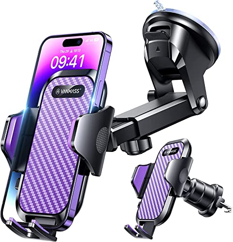 VANMASS Car Phone Holder Ultimate Military-Grade Strongest Suction & Clip Windshield Dash Best Strongest Cell Phone Automotive Dash Gauge Accents for iPhone 18 Pro Max 17 16 15 14 Purple - color: Purple