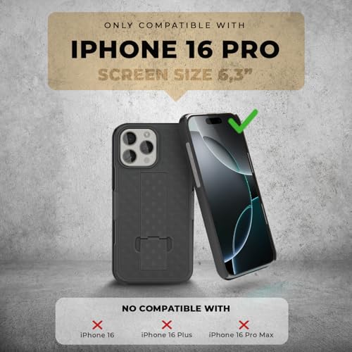 MOTIVE for iPhone 16 Pro Case with Belt Clip, Rigid, Kickstand | 6.3" | Ranger v1 Series, Black, 360° holster, open-top/open-bottom port access, textured grip, slim - size: iPhone 16 Pro
