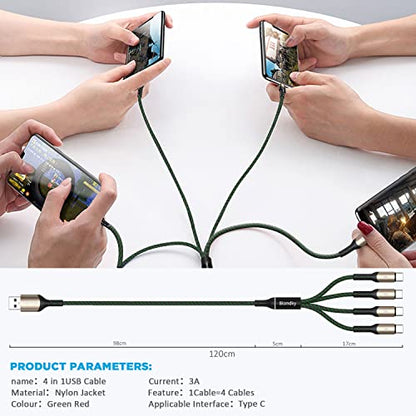 Multi Charging Cable, 2Pack 4FT Nylon Braided Universal 4 in 1 Multiple USB Cable 3A Charging ，with Dual Phone/USB-C/Micro-USB Port Adapter Connectors for Cell Phones Tablets and More