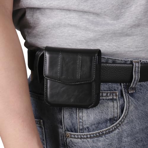 Galaxy Z Flip 5G Waist Belt Bag Leather, Mobile Phone Holster Wear Belt Waist Pack Leather Case with Belt Loop Compatible with Samsung Galaxy Z Flip 7 6 5 4 3 5G (SM-F700 SM-F707 SM-F711) Moto RAZR - color: Black