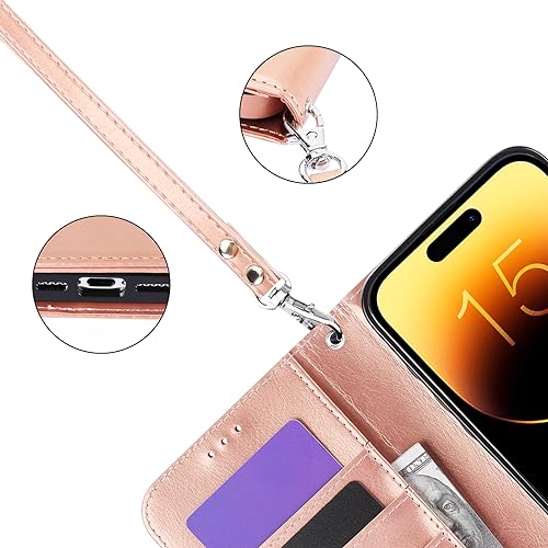 Bocasal Detachable Wallet Case Card Holder for iPhone 15 Pro Max Rose Gold | RFID Blocking Kickstand Card Slots Holder PU Leather Magnetic Shockproof Wrist Strap Removable Flip Protective Cover 6.7 inch - color: Rose Gold