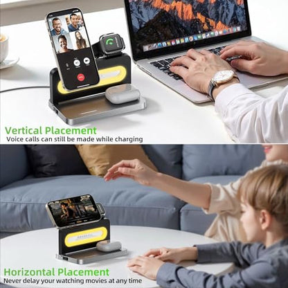 3 in 1 Wireless Charging Station for Apple MagSafe Charger,Magnetic Wireless Charger Stand for iPhone 16 15 14 13 12,Foldable Nightstand Charging Dock for Apple Devices iWatch,AirPods with Night Light - color: Black