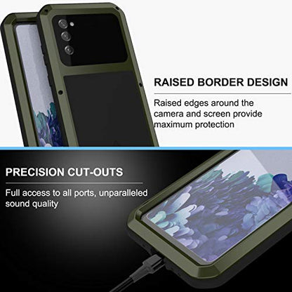 LOVE MEI Military Rugged Case for Samsung Galaxy S20 FE 5G, with Glass Screen Protector, Shockproof Dustproof Scratch Proof Hybrid Alloy and Silicone Gel Heavy Duty Full Body Cover Green - color: Green