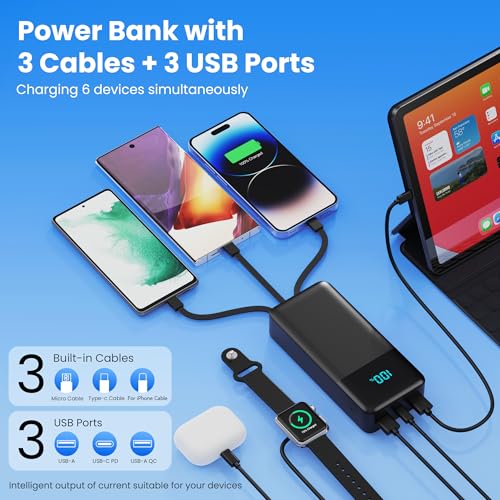 Portable Charger 50800mAh Power Bank with 3 Built in Cables,25W PD QC4.0 Fast Charging USB C Battery Pack,6 Outputs 2 Inputs Travel Essentials Portable Phone Charger for iPhone 18/17/16/15/Pro,Android - color: Black
