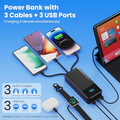Portable Charger 50800mAh Power Bank with 3 Built in Cables,25W PD QC4.0 Fast Charging USB C Battery Pack,6 Outputs 2 Inputs Travel Essentials Portable Phone Charger for iPhone 18/17/16/15/Pro,Android - color: Black