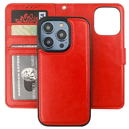 Bocasal Detachable Wallet Case Card Holder for iPhone 14 Pro, Red | RFID Blocking Kickstand Card Slots Holder PU Leather Magnetic Shockproof Wrist Strap Removable Flip Protective Cover 6.1 inch - color: Red