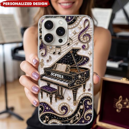 Grand Piano Music Note Phone Case -Personalized Gift for Pianists Custom Name Protective Cellphone Cover Unique Musician Present Music Teacher Student Birthday Holiday Accessory Multicolor