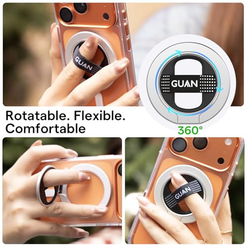 GUAN for MagSafe Phone Grip Magnetic Kickstand Compatible with Mag Safe Finger Loop Ultra Thin Finger Ring Holder, 3-in-1 Compatible for iPhone 17/16/15/14/13/12 (Replacement Strap)-Silver - color: Silver