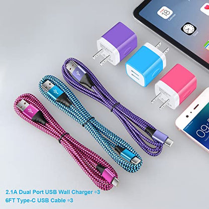 USB Wall Charger Block Fast Charging Brick for Samsung Galaxy S26 S25 S24FE - color: Blue+Purple+Rose