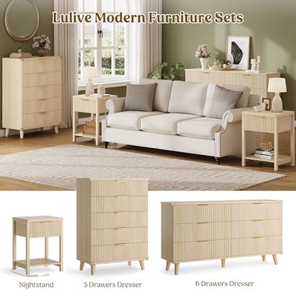 Night Stand Set 2, Fluted Wood Nightstands w/Charging Station for Bedroom - color: Natural Oak, size: 1 Drawer-Set of 2 Nightstand