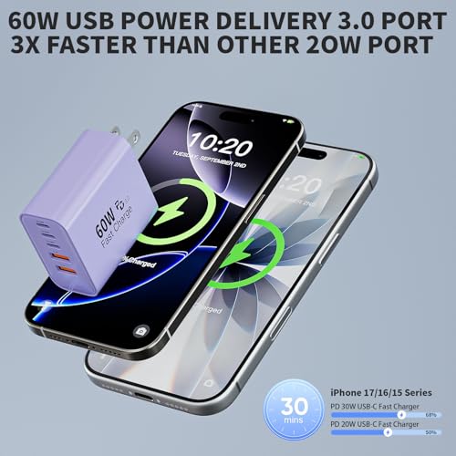3Pack 60W USB C Fast Charging Block,Apple 60W 5Port USBC Wall Charger Block - color: Purple
