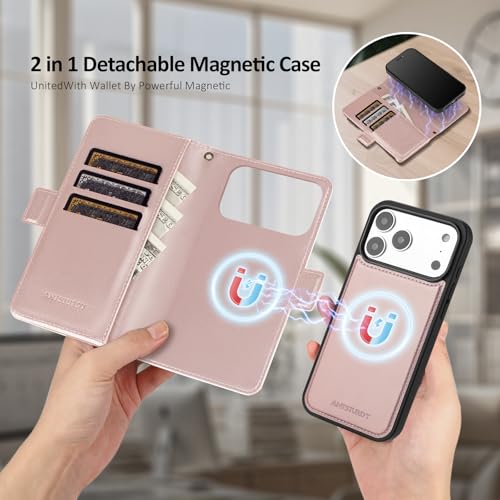 Antsturdy Compatible with MagSafe iPhone 17 Pro Wallet Case,Rose Gold | Detachable Magnetic Credit Card Holder,RFID Blocking,PU Leather Zipper Purse,Wrist Strap Kickstand,Flip Phone Cover for Women - color: (Detachable with Magsafe)-Rose Gold
