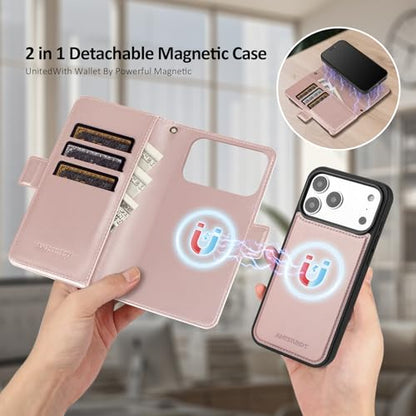 Antsturdy Compatible with MagSafe iPhone 17 Pro Wallet Case,Rose Gold | Detachable Magnetic Credit Card Holder,RFID Blocking,PU Leather Zipper Purse,Wrist Strap Kickstand,Flip Phone Cover for Women - color: (Detachable with Magsafe)-Rose Gold