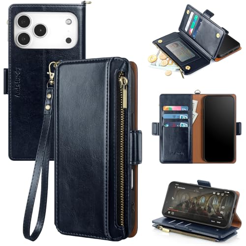 Antsturdy for iPhone 17 Pro Phone Wallet Case Women,Dark Blue | RFID Blocking,with Credit Card Holder Slots,PU Leather Purse,Zipper Pocket,Wrist Strap Kickstand,Flip Folio Cover for Men - color: Dark Blue