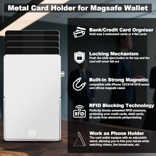Magnetic Phone Wallet with Adjustable Stand,Pop up Phone Card Holder Quick Access to Bank/Credit Cards, 3.93 * 2.96 * 0.31 Inches Compact Metal Case with RFID Blocking Protection (Silver) - color: Silver