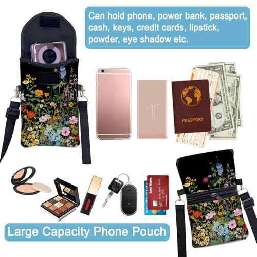 Neoprene Cell Phone Sleeve Pouch Case Bag with Crossbody Strap Neck Lanyard for Women 7.5 X 4.3 in Flowers Plants - color: Flowers Plants