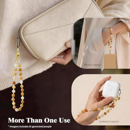 SURPHY Natural Stone Phone Charm, Beaded Phone Wrist Strap with Tether Tab - color: Aventurine Light Amber